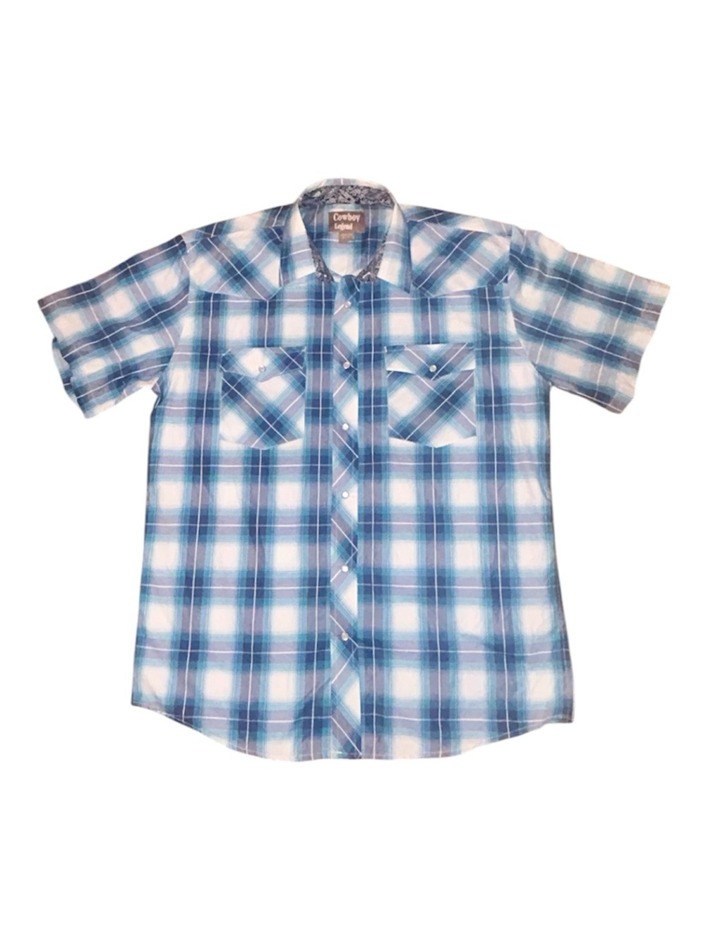 Cowboy Legend Short Sleeve Plaid Button Down Shirt in Teal & Blue